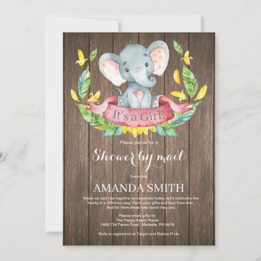 Invitation Rustic Girl Elephant Baby shower par courrier (Devant)