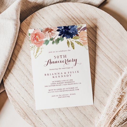 Invitation Rustic Gold Calligraphie 50e Anniversaire de Maria