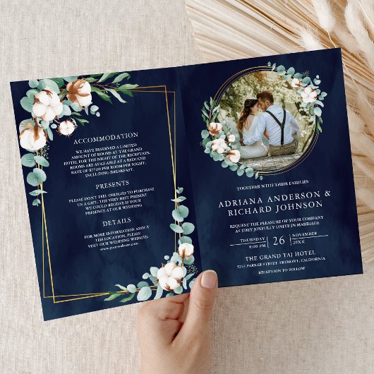 Invitation Rustic Gold Cotton Eucalyptus QR Code Navy Wedding