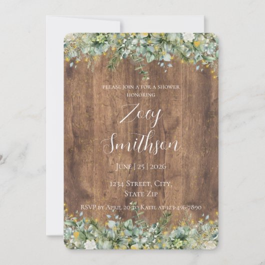 Invitation Rustic Gold Eucalyptus & White Floral Wood Bridal (Devant)