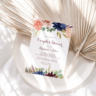 Invitation Rustic Gold Feuilles Calligraphie Couples Douche