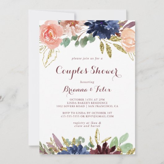 Invitation Rustic Gold Feuilles Calligraphie Couples Douche (Devant)