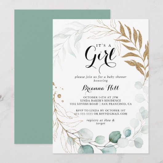Invitation Rustic Gold Floral C'est un Baby shower de fille (Devant / Derrière)