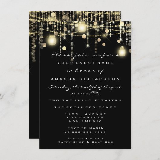 Invitation Rustic Gold Lights Jar Black Rose Mariage (Devant / Derrière)