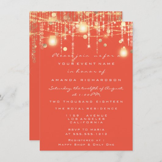 Invitation Rustic Gold Lights Jar Coral Rose Mariage (Devant / Derrière)