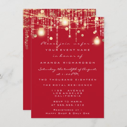 Invitation Rustic Gold Lights Jar Red Wine Mariage nuptiale (Devant / Derrière)