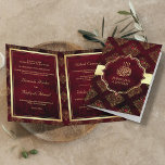 Invitation Rustic Gold Maroon Rouge Damas Mariage musulman<br><div class="desc">Éblouissez vos invités avec cette élégante invitation de mariage pliée avec des accents faux feuille d'or et un magnifique motif damassé avec 'Bismillah' en calligraphie arabe. Ajoutez simplement les détails de votre événement sur ce modèle facile à utiliser pour en faire une invitation unique.</div>