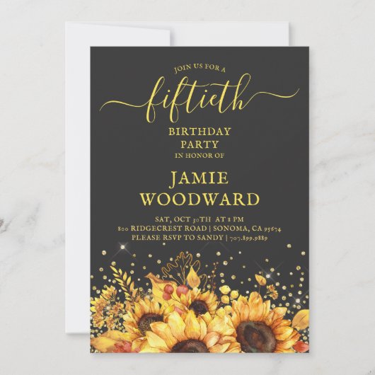 Invitation Rustic Gold Sunflowers 50e fête d'anniversaire (Devant)
