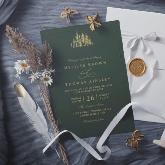 Invitation Rustic Gold Trees Pine Minimalist QR Code Wedding 