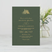Invitation Rustic Gold Trees Pine Minimalist QR Code Wedding  (Debout devant)
