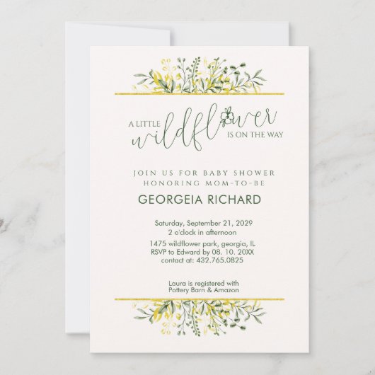 Invitation Rustic Golden Frame Wildflower on Way  Baby Shower (Devant)