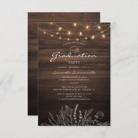 Invitation Rustic Graduation Party 2024 String Lights (Devant / Derrière)