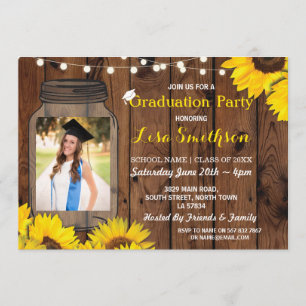 Invitation Rustic Graduation Party Jar Wood Sunflower Photo