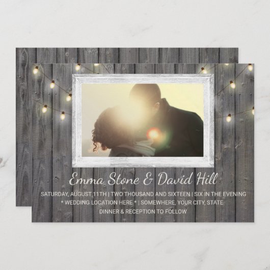 Invitation Rustic Grange Bois Chaîne Lumières Mariage Photo (Devant / Derrière)