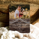 Invitation Rustic Grange Bois Chaîne Lumières Mariage photo<br><div class="desc">Rustique et inoubliable, cette grange en bois avec faire-part de mariage à cordes est la façon parfaite de commencer votre journée spéciale. Découvrez la nostalgie d'un cadre champêtre parfait pour toute saison - printemps, été, automne ou hiver. Ajoutez une touche personnelle à l'occasion en ajoutant vos photos à cette invitation...</div>