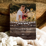 Invitation Rustic Grange Bois Chaîne Lumières Mariage photo<br><div class="desc">Ce Faire-part de mariage rustique en bois de grange photo est parfait pour une grange rustique ou un mariage de jardin. Cette invitation comprend des lampes à cordes sur un arrière - plan de planches de bois de grange. C'est un thème parfait pour une fin d'été ou un mariage de...</div>