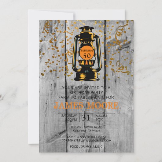 Invitation Rustic Grange Bois & Lanterne 50e fête d'anniversa (Devant)