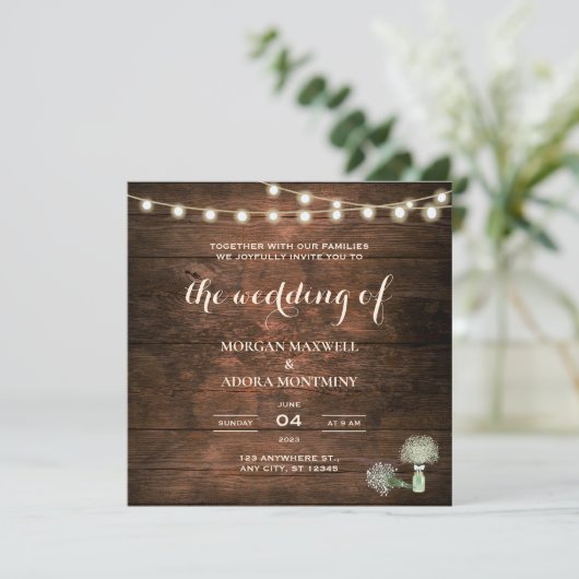 Invitation Rustic Grange bois Mason Jar Mariage Carré (Debout devant)