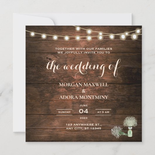 Invitation Rustic Grange bois Mason Jar Mariage Carré (Devant)