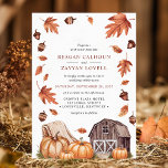 Invitation Rustic Grange et Citrouille Feuilles d'automne Mar<br><div class="desc">Cette faire-part de mariage rustique met en valeur la beauté de l'automne avec une charmante grange, des citrouilles et des feuilles d'automne tombant doucement sur un arrière - plan blanc cassé. Les tons chauds de terre créent une atmosphère confortable et accueillante, idéale pour un mariage de campagne. Ce design est...</div>