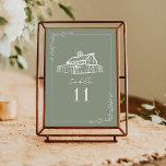Invitation Rustic Grange Green Mariage Numéro de tableau<br><div class="desc">Illustration de la grange rustique au sommet de la frontière botanique d'art de ligne. L'Arrière - plan est de couleur vert Sage.</div>