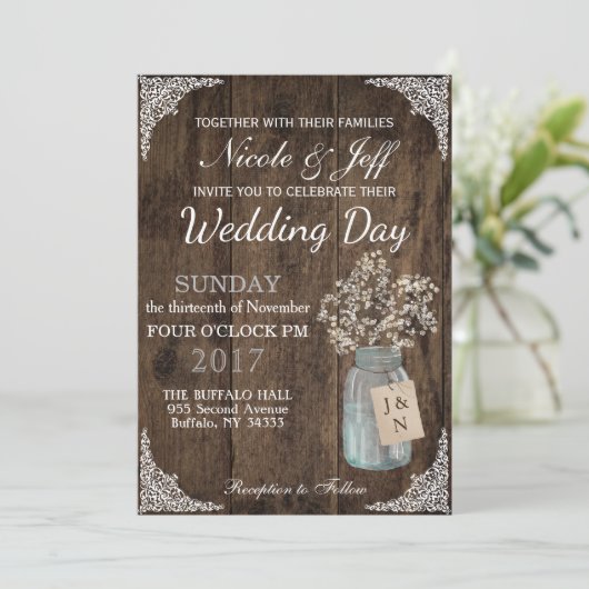 Invitation Rustic Grange Mariage Wood Mason Jar Babys Respire (Debout devant)