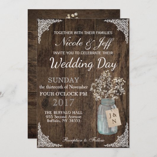 Invitation Rustic Grange Mariage Wood Mason Jar Babys Respire (Devant / Derrière)