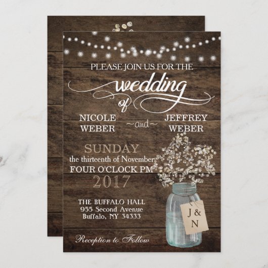 Invitation Rustic Grange Mariage Wood Mason Jar Babys Respire (Devant / Derrière)
