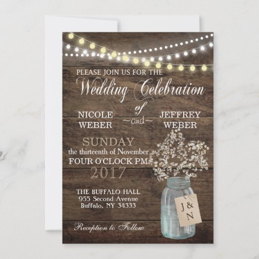 Invitation Rustic Grange Mariage Wood Mason Jar Babys Respire (Devant)