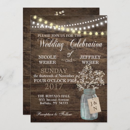 Invitation Rustic Grange Mariage Wood Mason Jar Babys Respire (Devant / Derrière)