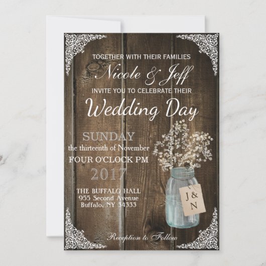 Invitation Rustic Grange Mariage Wood Mason Jar Babys Respire (Devant)
