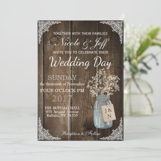 Invitation Rustic Grange Mariage Wood Mason Jar Babys Respire (Debout devant)