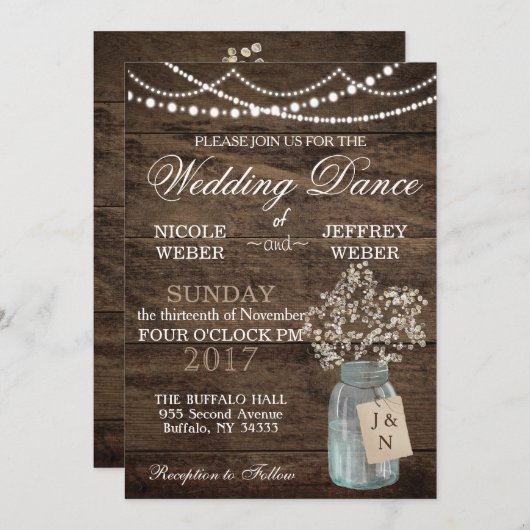 Invitation Rustic Grange Mariage Wood Mason Jar Babys Respire (Devant / Derrière)