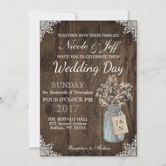 Invitation Rustic Grange Mariage Wood Mason Jar Babys Respire (Devant)