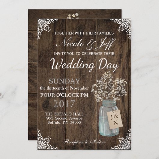 Invitation Rustic Grange Mariage Wood Mason Jar Babys Respire (Devant / Derrière)