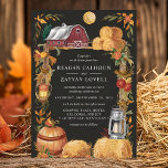 Invitation Rustic Grange Noir Automne Floral Lanterne Mariage<br><div class="desc">Cette faire-part de mariage rustique est ornée d'un arrière - plan noir douillet, agrémenté d'une charmante grange rouge, de balles de foin, de citrouilles et de lanternes vintages sous une lune éclatante. Les fleurs chaudes de l'automne et les tons riches et terreux créent une atmosphère accueillante, idéale pour un mariage...</div>