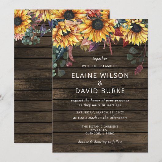 Invitation Rustic Grange Wood Country Sunflowers Mariage (Devant / Derrière)
