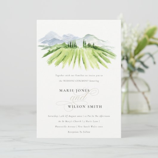 Invitation Rustic Green Blue Winery Vineyard Mariage QR Code (Debout devant)