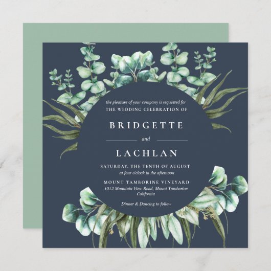 Invitation Rustic Green et Navy Eucalyptus Mariage SQ (Devant / Derrière)