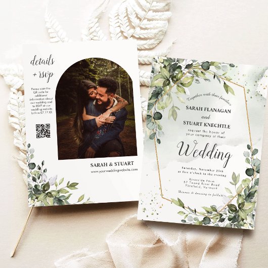 Invitation Rustic Green Eucalyptus Arch Photo QR Code Mariage