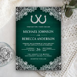 Invitation Rustic Green Grange Bois fer à cheval Mariage dent<br><div class="desc">Éblouissez vos invités avec ce faire-part de mariage à thème occidental avec de beaux fer à cheval et de la dentelle blanche sur un arrière - plan rustique en bois de grange. Ajoutez simplement les détails de votre événement sur ce modèle facile à utiliser pour en faire une invitation unique....</div>