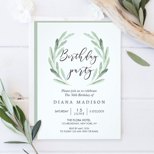 Invitation Rustic Green Olive Branch Wreath Anniversaire