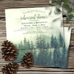 Invitation Rustic Green Pine Trees Répétition Mariage & Dîner<br><div class="desc">Cette invitation à la répétition mariage rustique présente une scène de nature sauvage de montagne en plein air d'une forêt de pins verdoyants noyée dans la brume ou le brouillard. Le lettrage est fait en calligraphie de script dentée, lui donnant une touche d'élégance. Parfait pour un mariage extérieur, de pays...</div>