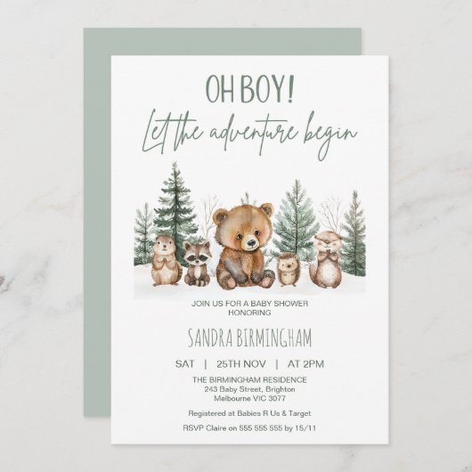 Invitation Rustic Green Woodland Adventure Begin Baby Shower (Devant / Derrière)