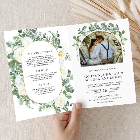 Invitation Rustic Greenery Ivory Floral Photo QR Code Wedding