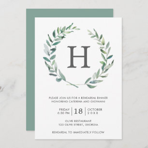 Invitation Rustic Greenery Wreath Monogram Rehearsal Dîner