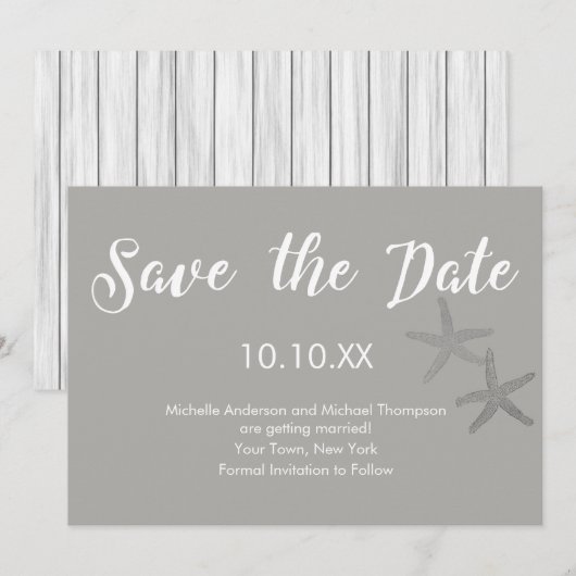 Invitation Rustic Grey White Beach Starfish Enregistrer la da (Devant / Derrière)