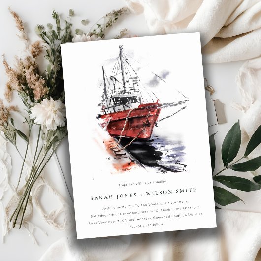 Invitation Rustic Harbour Yacht Sailboat Mariage aquarelle