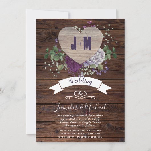 Invitation Rustic Heart PHOTO Mariage Inviter Floral (Devant)