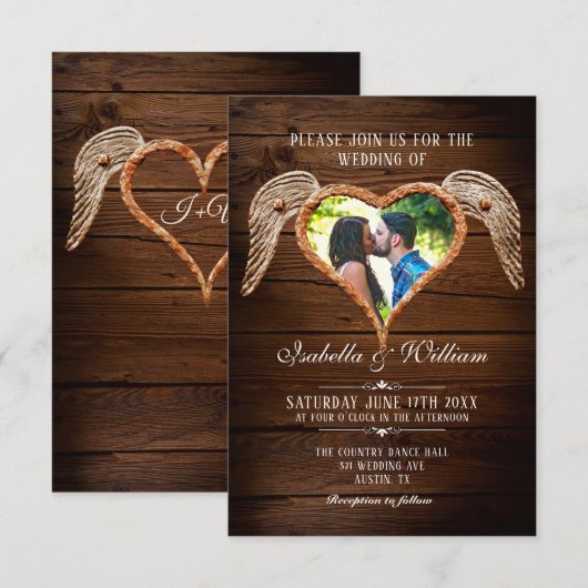 Invitation Rustic Heart Wood Photo Pays Mariage de la grange (Devant / Derrière)